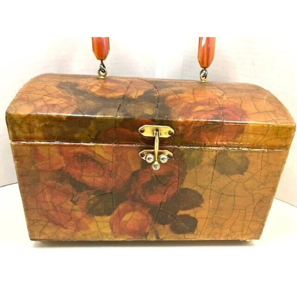 Vintage Floral Crackle Decoupage 1960s Textured‎ Wood Purse Lucite Handle